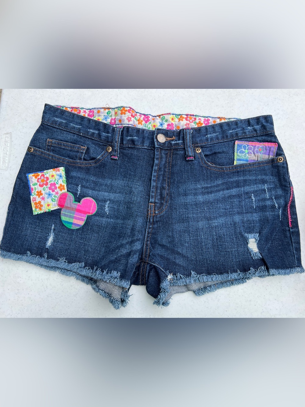 DisneyDenim Shorts with Pink Plaid Patch